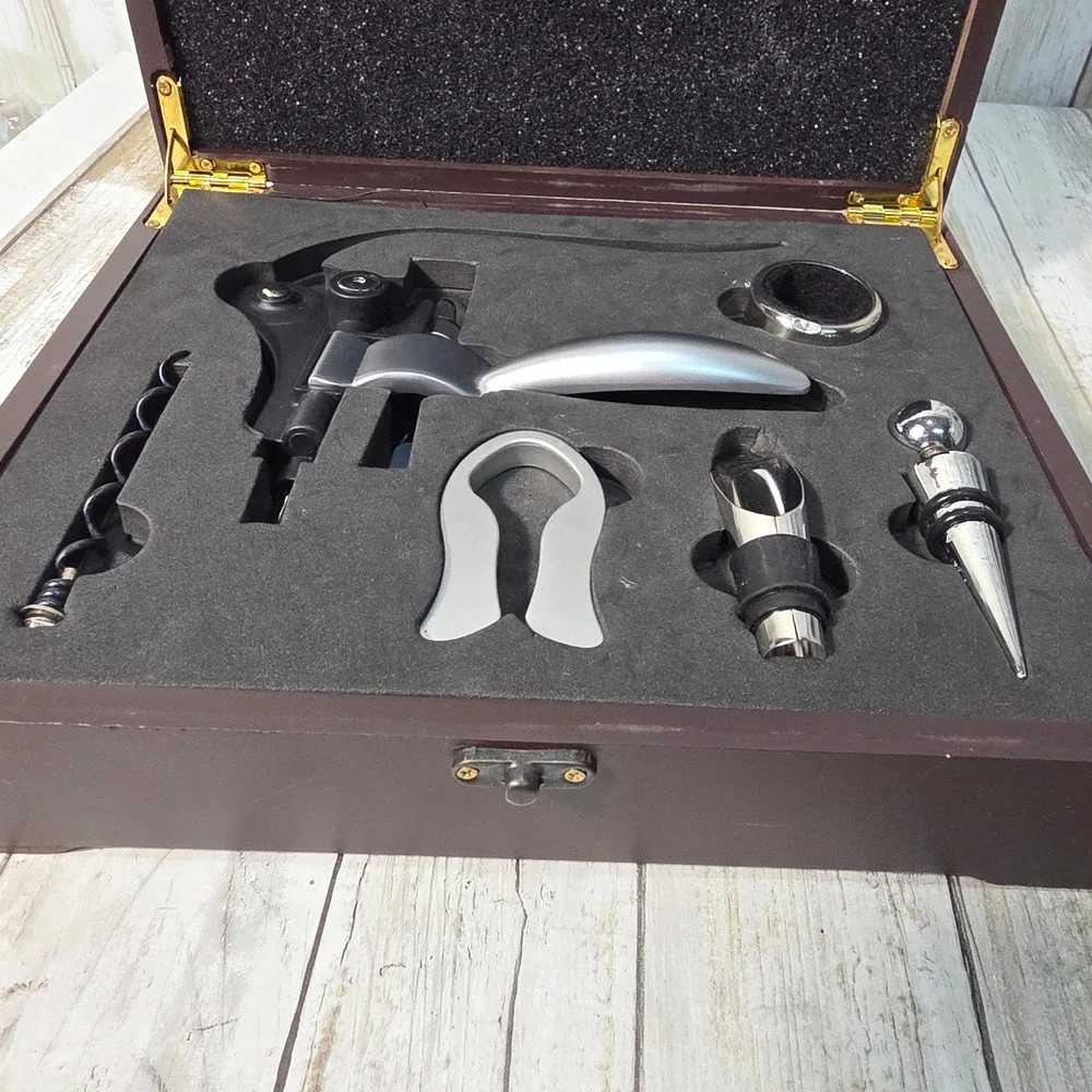 Professional 6 Piece Wine Opener Set with Lever Corkscrew in Wooden Gift Box